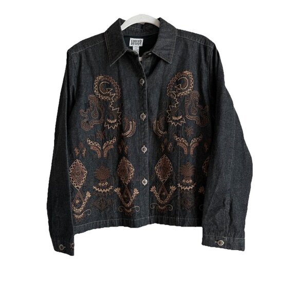 Chico's Black Denim Jacket Embroidered Beaded Boho Western Vintage Size Large - Picture 1 of 11